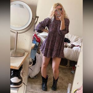 Zara black w/ pink florals flowy long sleeve puff sleeve mini dress bubble style